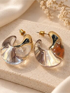Clear Acrylic Hoop Earrings with Gold Accents - Women  NWOT  Sculptural statemen